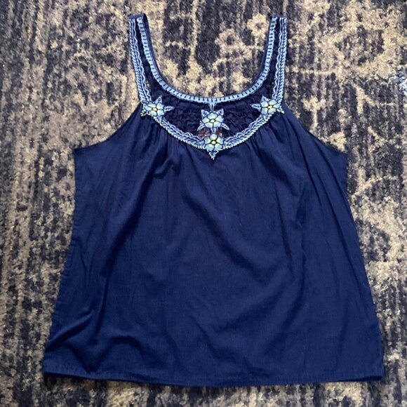 Free People Blue Tank Top Embroidered Green and Light BLue Flowers - Size Large - Picture 8 of 9